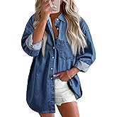 Astylish Women Denim Shirts Button Down Blouse V Neck Casual Tops