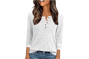 3/4 Length Sleeve Blouses for Women Fall Crewneck Casual Button Sweaters Loose Casual Comfy Workout Tee Shirt