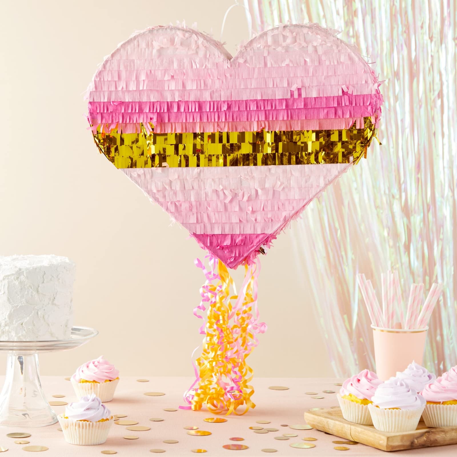 Sparkle and Bash Pink and Gold Ombre Pull String Heart Pinata - Ideal for Birthday Party Decorations & Supplies, Quinceanera, Valentine's Day (16 x 13 x 3 In Pull String Pinata, Small)