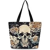 ZhuVantrix Floral Skull Tote Bag Reusable Grocery Bags Cute Aesthetic Shopping Shoulder Handbag with Interior Zipper Pocket Lightweight & Washable Stylish White Floral Skull Present for Women