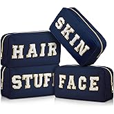 Cunno 4 Pcs Preppy Makeup Bags Chenille Letter Stuff Bag Nylon Cosmetic Pouch Cases with Zipper for Women Travel Toiletry