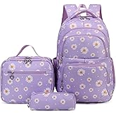 goldwheat Daisy Printed Backpacks With Lunch Pack Pencil Case 3pcs, Lightweight Waterproof Bookbag For Middle School