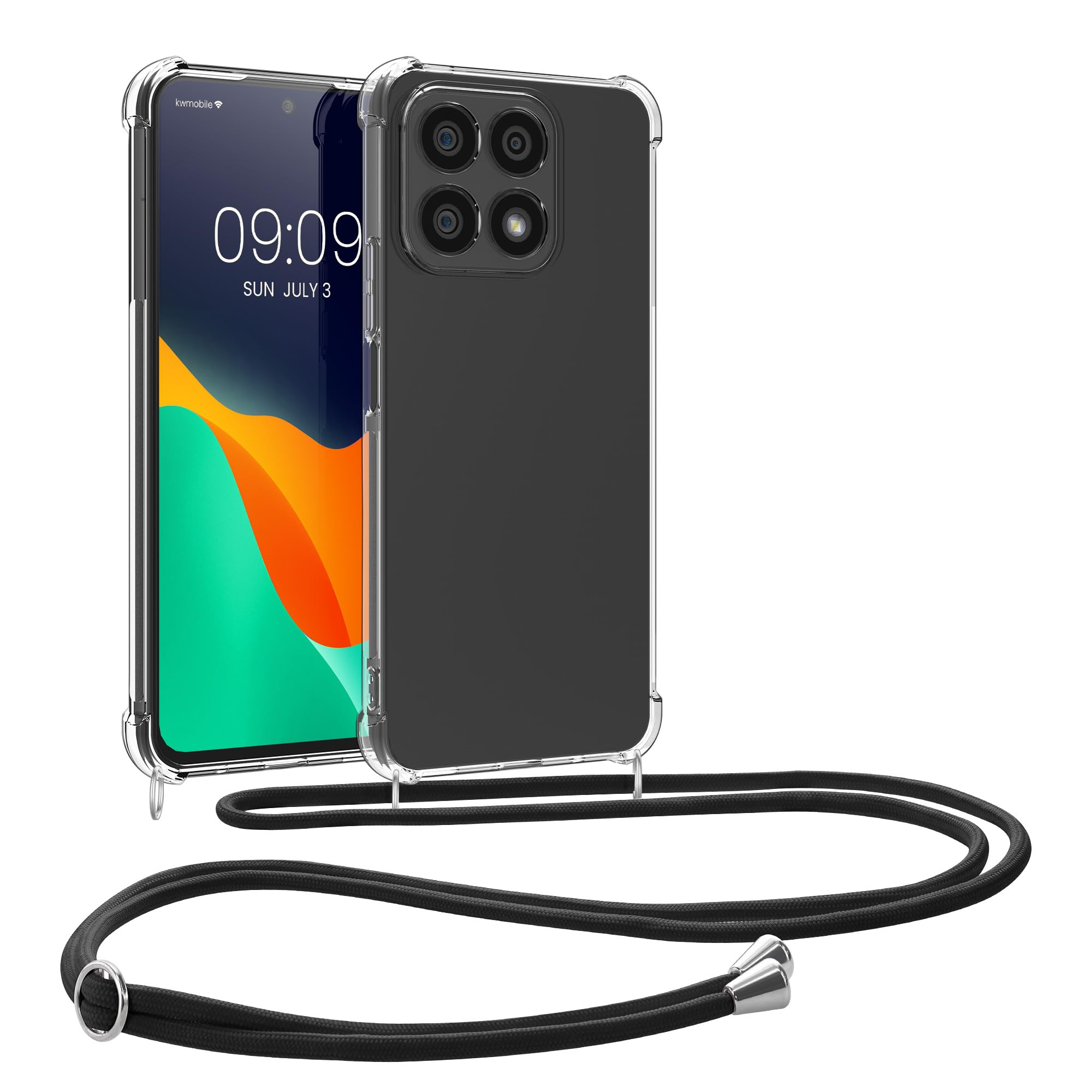 kwmobile Crossbody Case Compatible with HONOR X8a Case - Clear TPU Phone Cover w/Lanyard Cord Strap - Black/Transparent