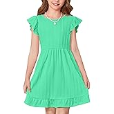 BesserBay Girls Summer Ruffle Dress Flutter Sleeve Casual Ribbed Dresses Elastic Waist with Pockets 5-14 Years