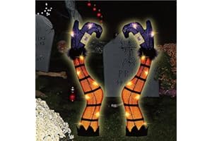 SANHSEHOME Lighted Witch Legs with Stakes, 1 Pair of 22" LED Halloween Yard Decor with 8 Lighting Modes & Timer, Witch Feet Battery Operated for Light Up Halloween Decorations Outdoor (Tangerine)