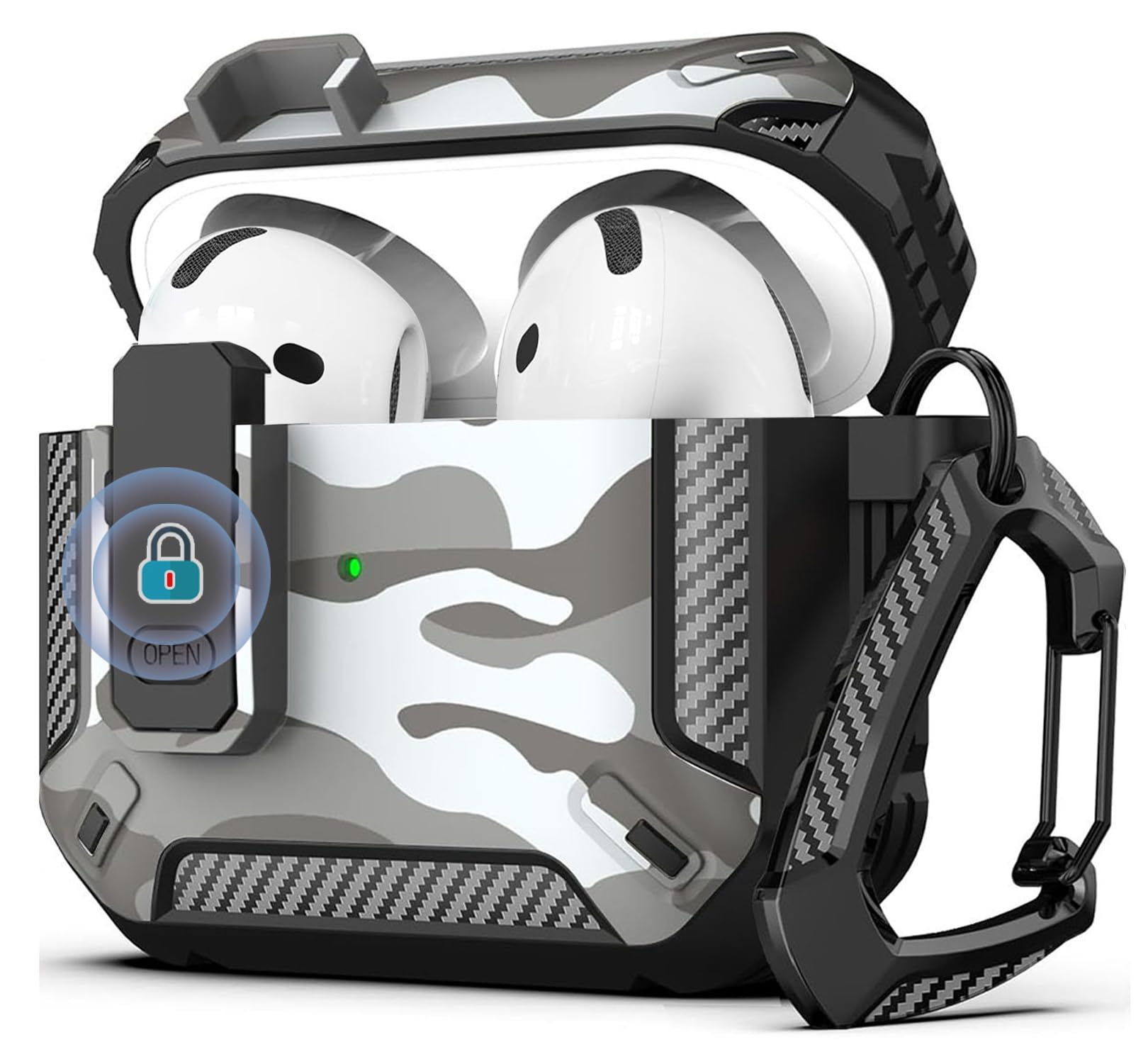 Ausrann Airpods4 ケース Airpods 第4世代 ケース (2024) (USB-C) 対応 エアーポッズ4 ケース 安全なロック付き Magsafeワイヤレス充電対応 分離式 可視LEDライト ハード TPU 全面保護ケース カラビナ リング付き 耐衝撃 傷防止 防塵 えあーぽっつ 第4世代 カバー camouflage (グレー) の商品画像