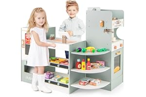 INFANS Kids Grocery Store Playset, Wooden Supermarket Toy Set with Cash Register, Vending Machine, Play Food Accessories, Bla
