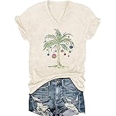 Vircreate Womens Short Sleeve V Neck Christmas T-Shirts Merry Christmas Tree Graphic Tee Tops