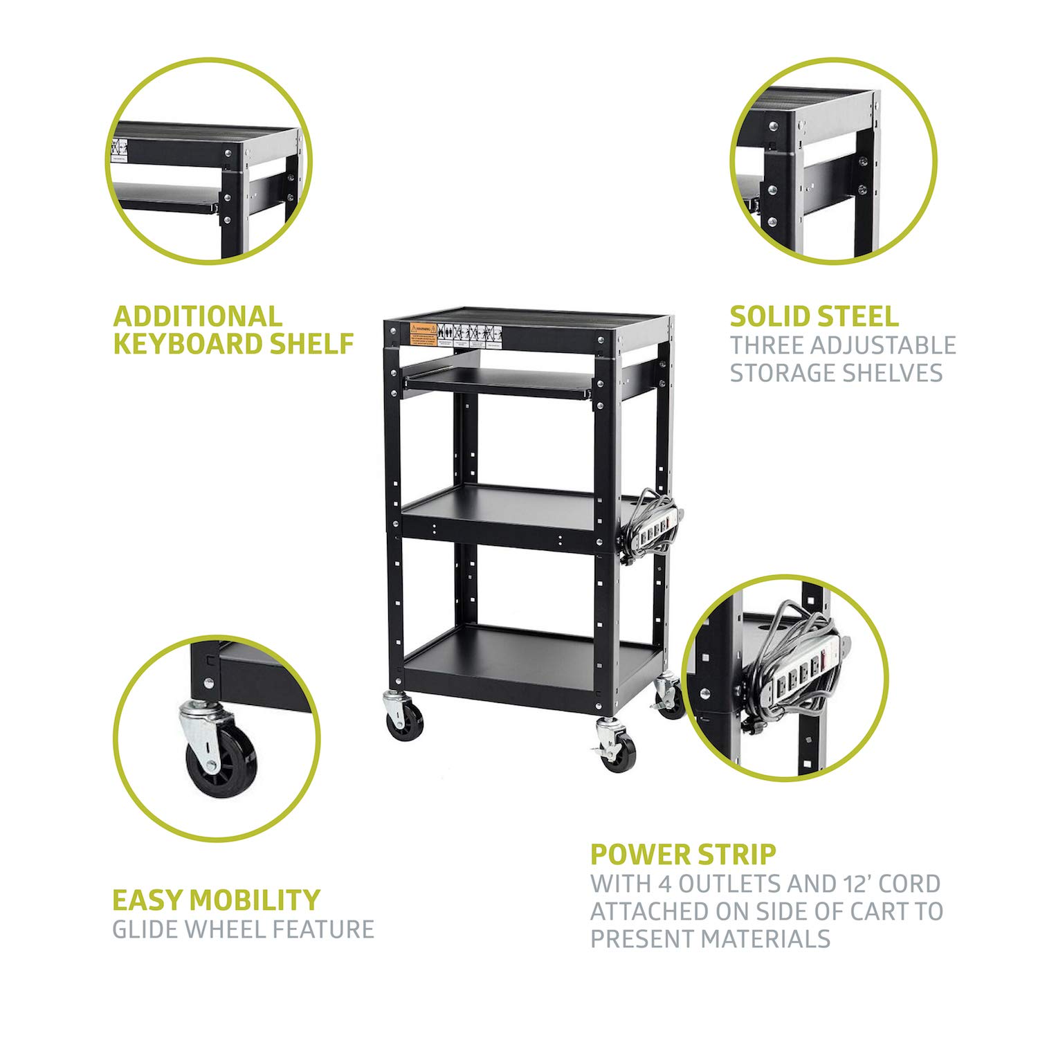 Pearington AV and Presentation Cart Stand for Video Projector, TV, Laptop Computers, Printers-Metal Construction Rolling Storage Cart with Adjustable Shelves and 4 wheels;4 outlets and 12” cord, Black: Industrial & Scientific