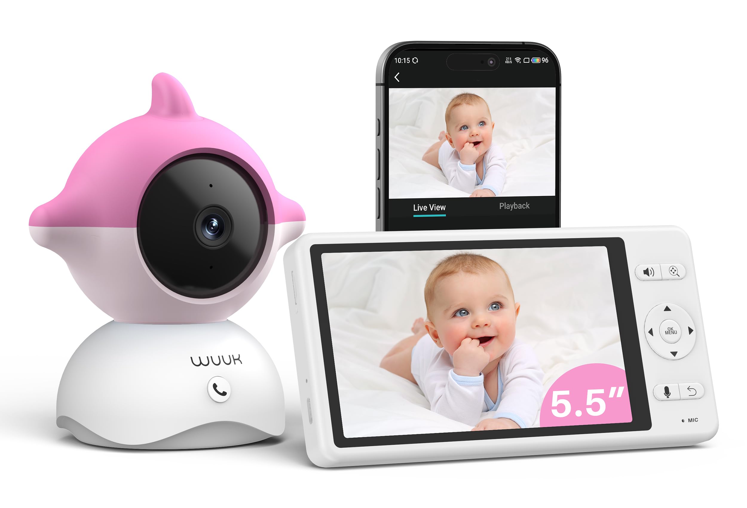WUUK 2K Baby Monitor Camera with APP, 5.5" Display with 360° PTZ Color Display Video Baby Monitor, 135° Wide Angle, 3700mAh Battery, Ultra-clear Night Vision, Temper & Humidity Sensor, Cry Detection
