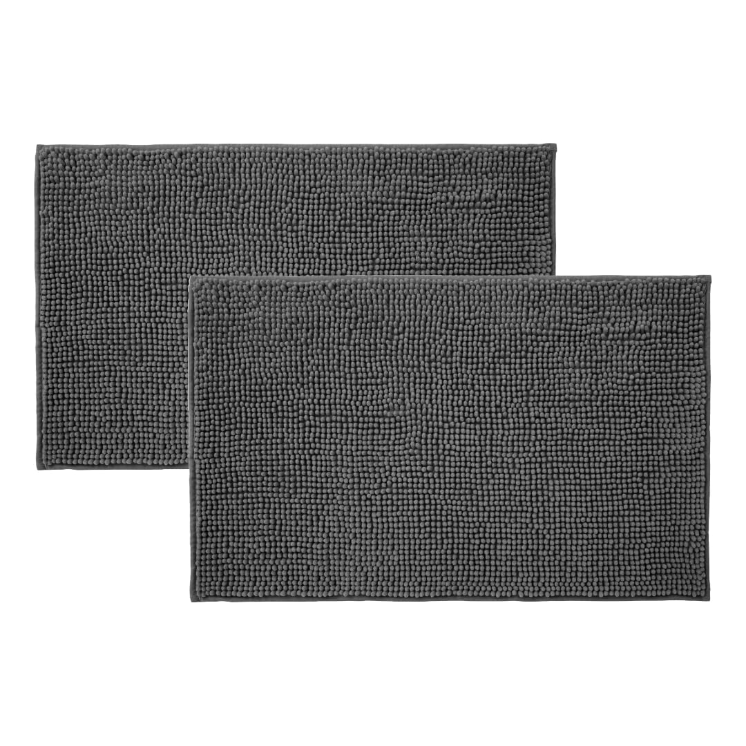 Allure Pack of 2 Bobble Chenille Bath Mat Non Slip 50 x 80cm - Soft, Absorbent, Easy Care (Charcoal Grey)