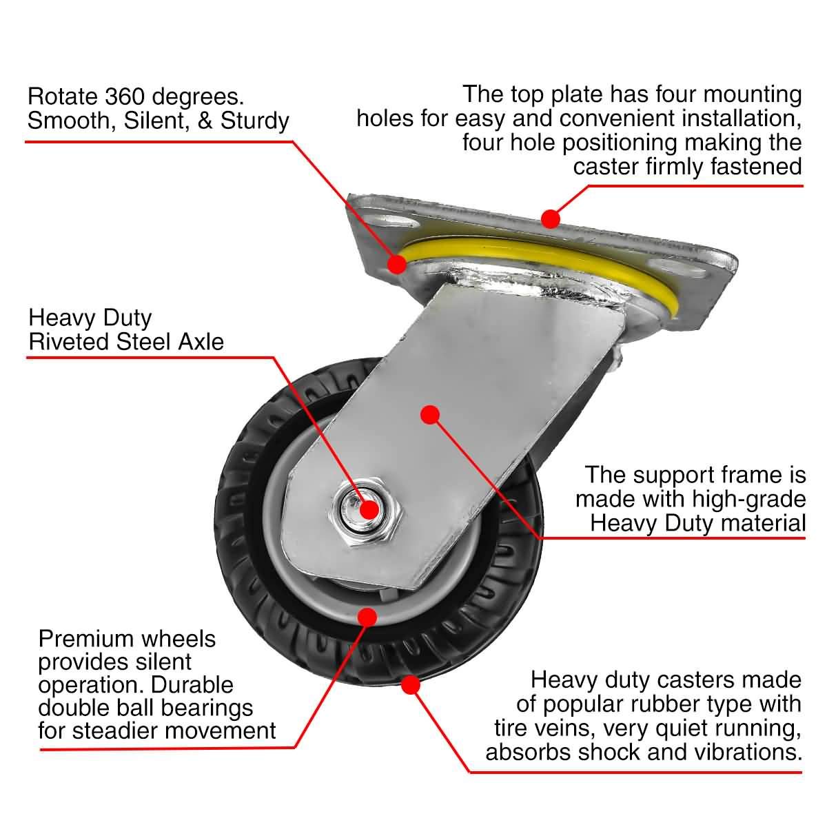 FactorDuty 4 Pack 4" Heavy Duty Combo 2 No Brake Swivel & 2 Rigid Non Swivel All Terrain Caster Wheel Industrial Grade Premium Quality 700LB Per Wheel Black Tyre Tire Veins Rubber Wheel Casters: Industrial & Scientific