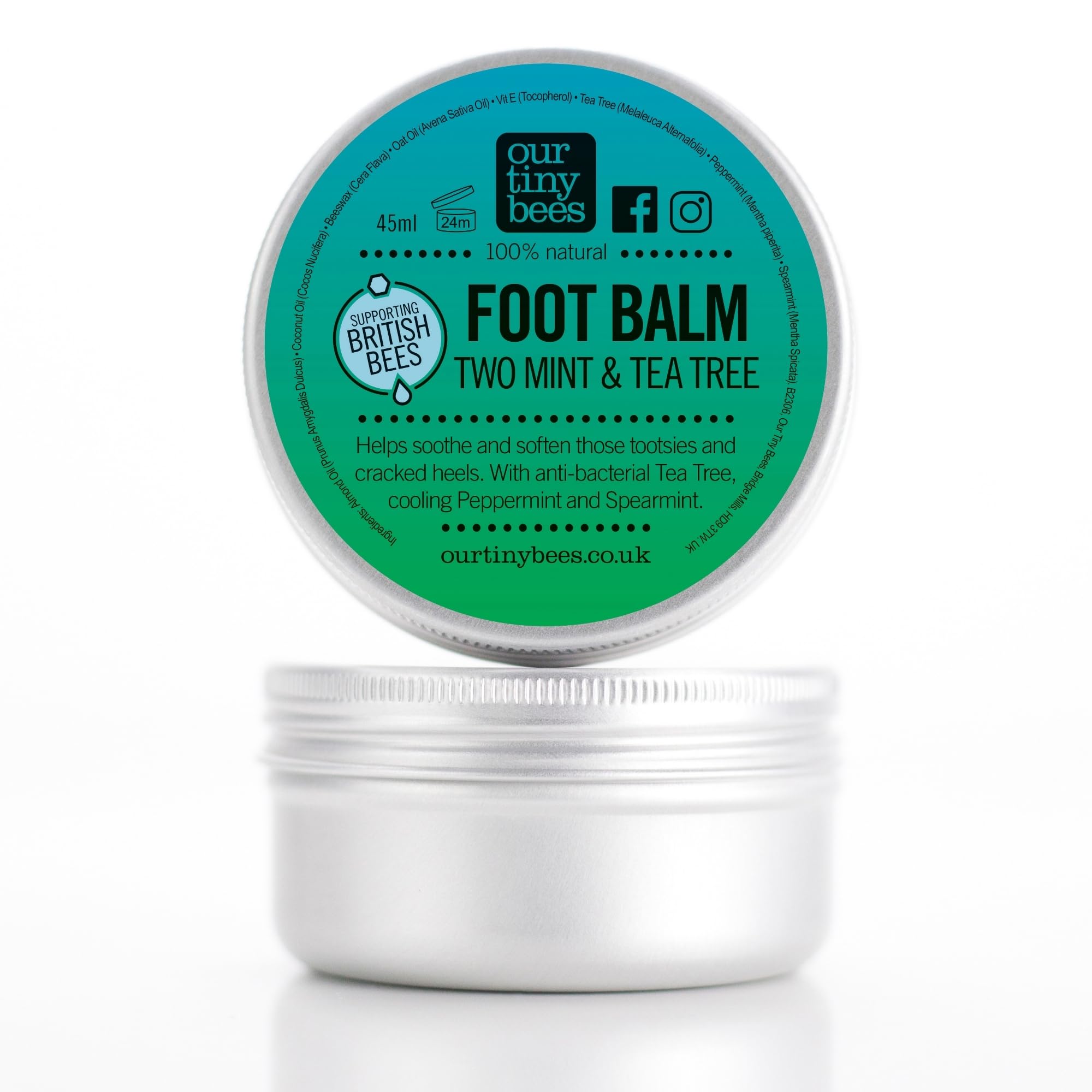 Our Tiny Bees Two Mint and Tea Tree Foot Balm 45ml - Natural Foot Balm for Cracked Heels and Dry Feet, Antibacterial and Moisturising Foot Care. Hydrating Foot and Heel Balm Treatment.