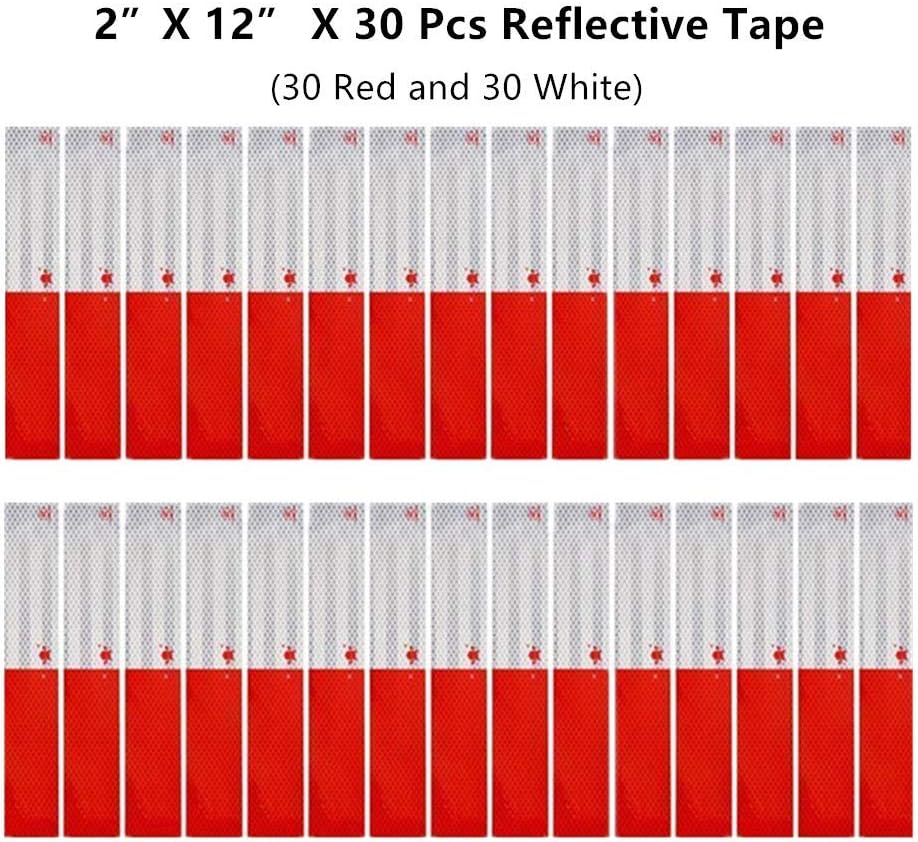 Reflective Tape 2" × 12" × 30 Pack Red/White Conspicuity Safety Caution Warning DOT-C2 Self-Adhesive Tape Trailer Reflector - for Cars, Trucks, Trailers, Boats, Signs