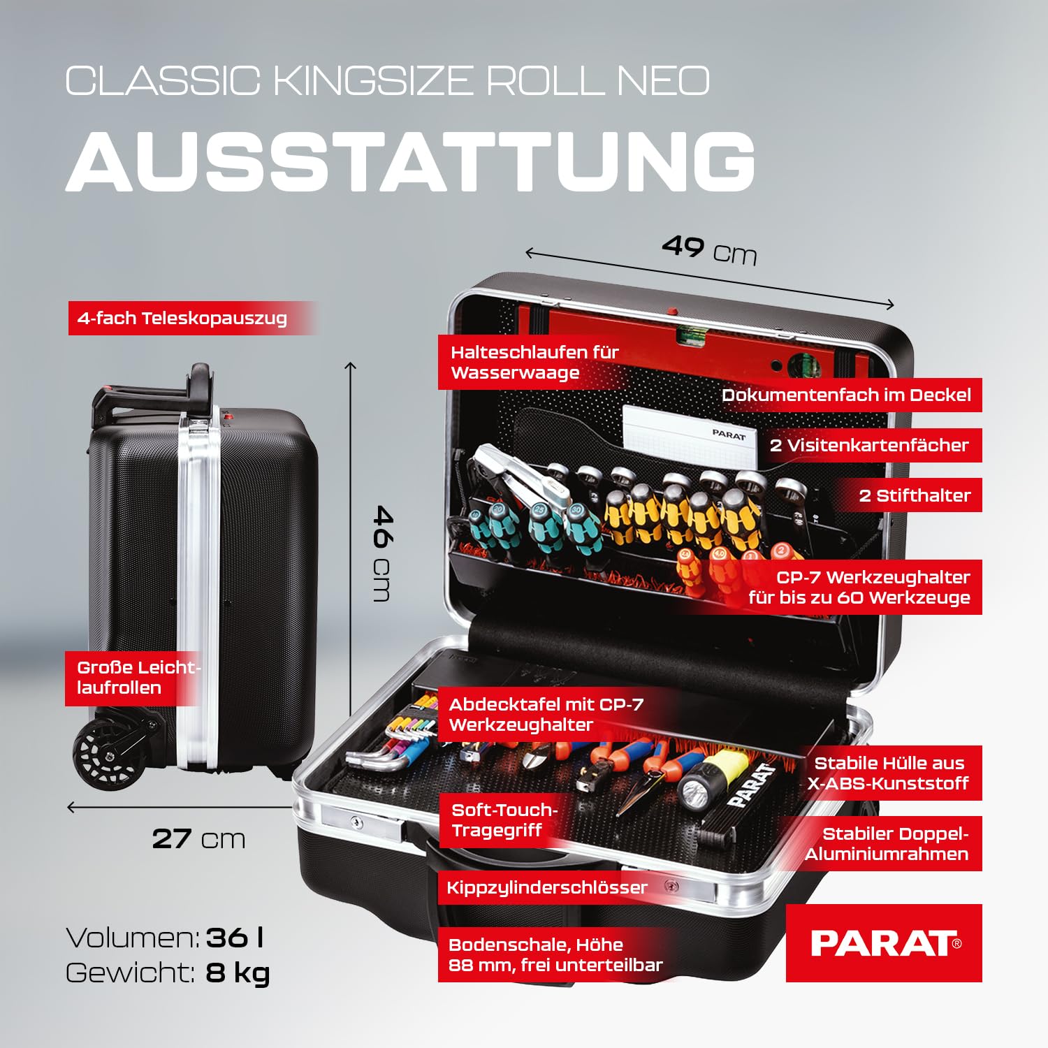 PARAT CLASSIC KingSize Roll neo CP-7 | Werkzeugkoffer leer für 60 Werkzeuge | Inkl. BASIC Roll-Up Case 8 | Rollkoffer mit CP-7 Halterungen | Bodenschale & Dokumentenfach | mit Teleskopauszug & Rollen 7
