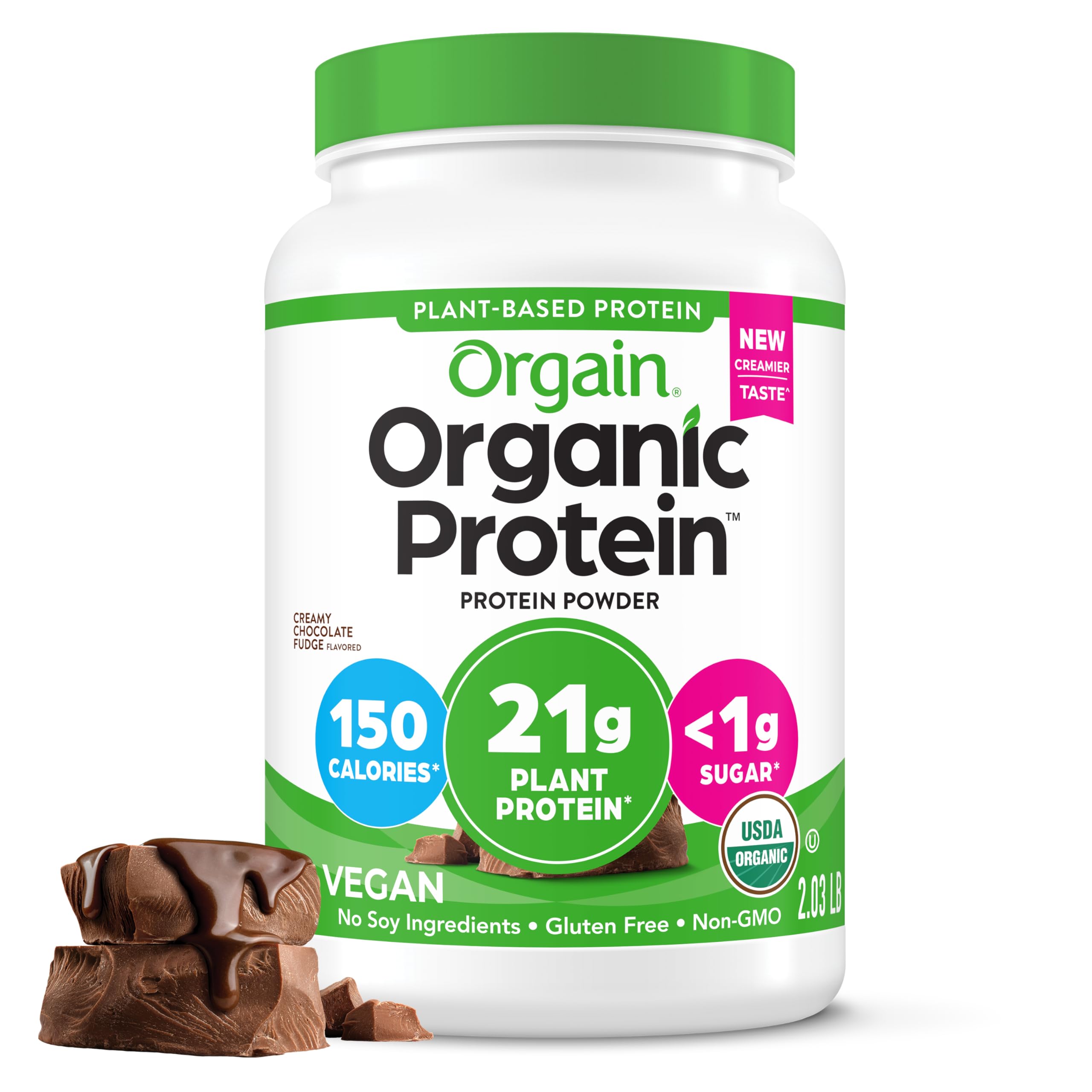 Photo 1 of 11/26 Orgain Organic Vegan Protein Powder, Creamy Chocolate Fudge - 21g Plant Protein, 6g Prebiotic Fiber, Low Net Carb, No Lactose Ingredients, No Added Sugar, Non-GMO, For Shakes & Smoothies, 2.03 lb