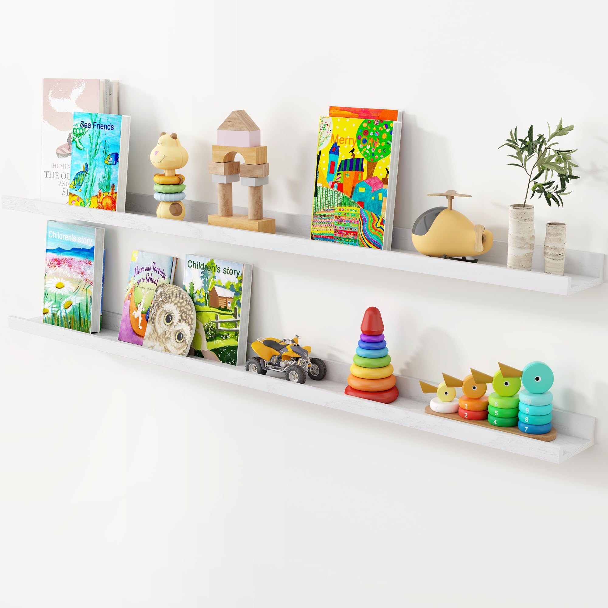 Photo 1 of Axeman Oak Picture Ledge Shelf, 55 Inch Floating Shelves Set of 2, Solid Oak Wood Wall Shelves with Lip, Wall Decor Storage for Bedroom Living Room Bathroom Kitchen Nursery Photo Picture, White