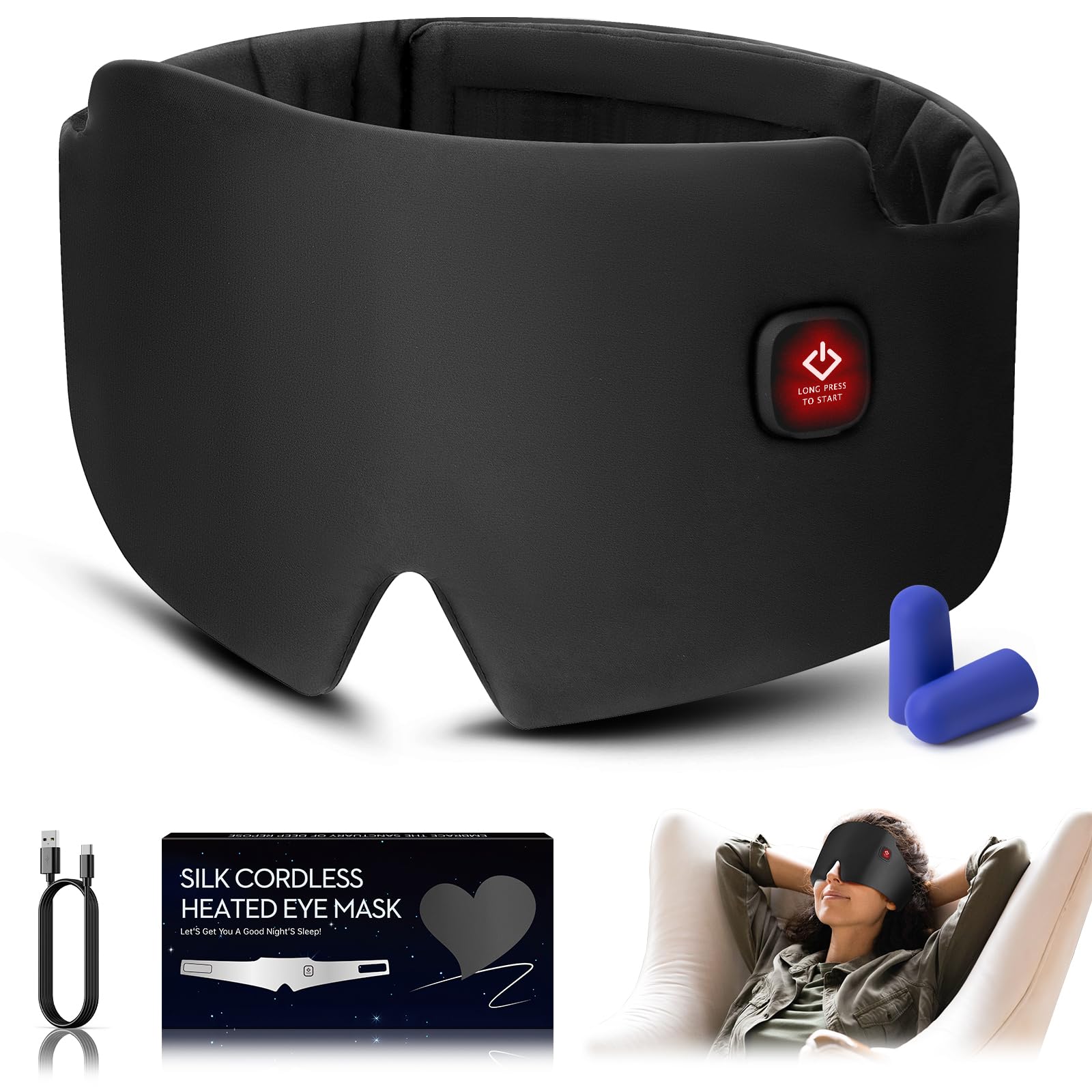 Photo 1 of Silk Heated Eye Mask, 2000mAh Large Size Cordless Sleep Mask Warm Eye Compresses Electric Eye Heating Pad for Stye Blepharitis Dry Eyes Sinus Migraine Gifts for Men Woman (Black)