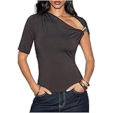 SweatyRocks Women's Y2k Asymmetrical Neck Short Sleeve T Shirts Dressy Casual Fitted Going Out Tees