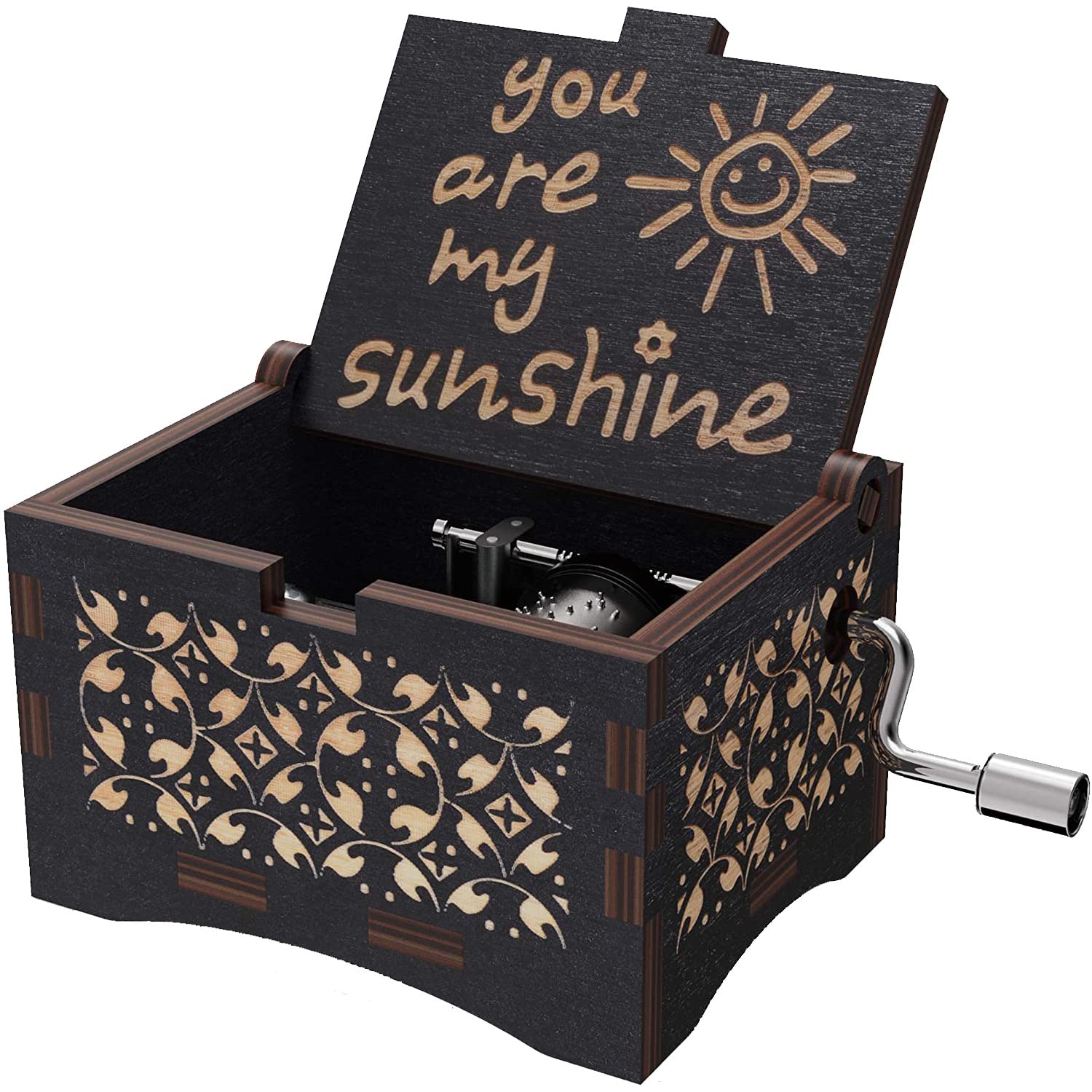 Wooden Music Box for Daughter Son Wife Dad Friends,Hand-Crank You Are My Sunshine Melody Musical Box,Laser Engraved Wood Antique Gift for Kids Girls Boys on Birthday,Christmas Day,Anniversary,Black