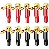 HRLORKC 10pcs Right Angle Speaker Plugs 4mm/0.16" 90 Degree Connector Right Angle Banana Plugs for Speaker Wire (Red and Black)
