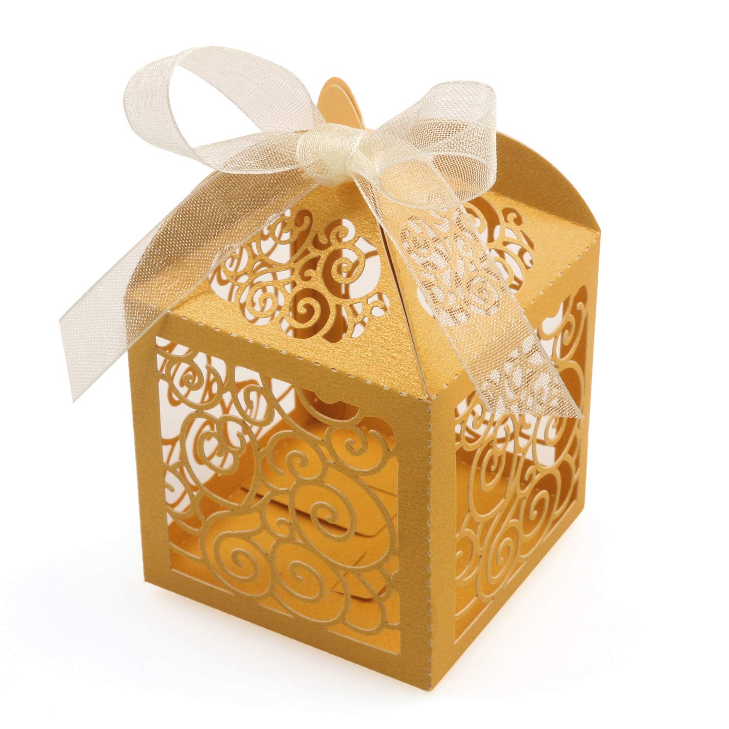 KPOSIYA 100 Pack Wedding Favor Boxes Laser Cut Boxes Party Favor Box Small Gift Boxes Lace Candy Boxes for Wedding Bridal Shower Baby Shower Birthday Party Anniverary with Ribbons (Gold, 100)