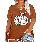 Plus Size Fall Pumpkin Tshirt Women Halloween Thanksgiving T-Shirt Casual Short Sleeve Tops Floral Pumpkin Shirt