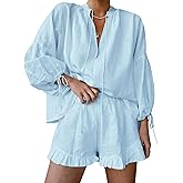 ANGELBEE Womens Ruffle Pajamas 2 Piece Cotton Linen Shorts Sets Long Sleeve Tie Front Vacation Outfits Matching