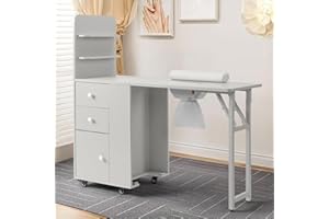 Winado Foldable Manicure Table for Nail Tech, Nail Desk Station Makeup Beauty Salon Storage Table w/2 Open Shelves, Electric Dust Collector, Lockable Wheels, Wrist Cushion, Drawers & Cabinet, White