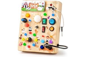 Joyreal Wooden Busy Board with LED Light, Montessori Toddler Toys, Wooden Sensory Board, Toddlers Activity Travel Toys for Boy & Girl Birthday Gift (Farm Theme)