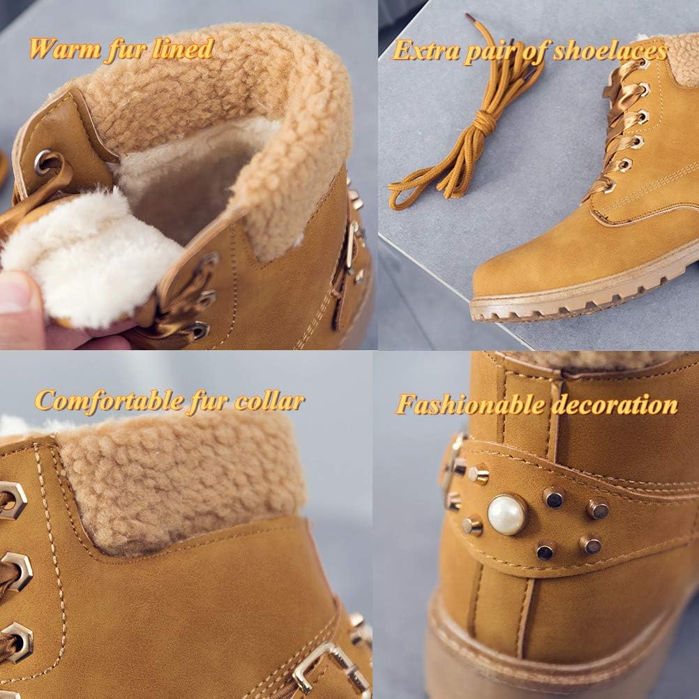  | DADAWEN Women's Round Toe Waterproof Outdoor Lace up Work Combat Ankle Bootie Fur Lined Warm Winter Snow Boots | Snow Boots