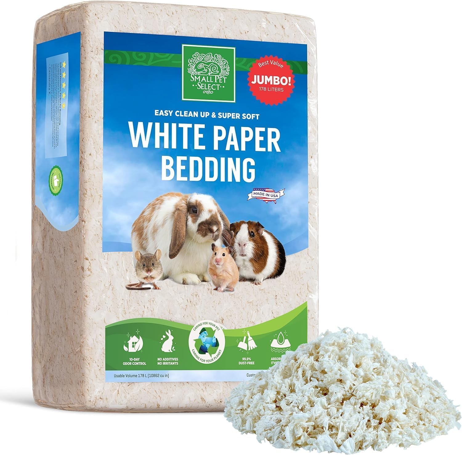 SMALL PET SELECT Premium Small Animal Bedding, Unbleached White Paper Bedding for Small Indoor and Outdoor Pets, Made in USA, White, 178L Pack