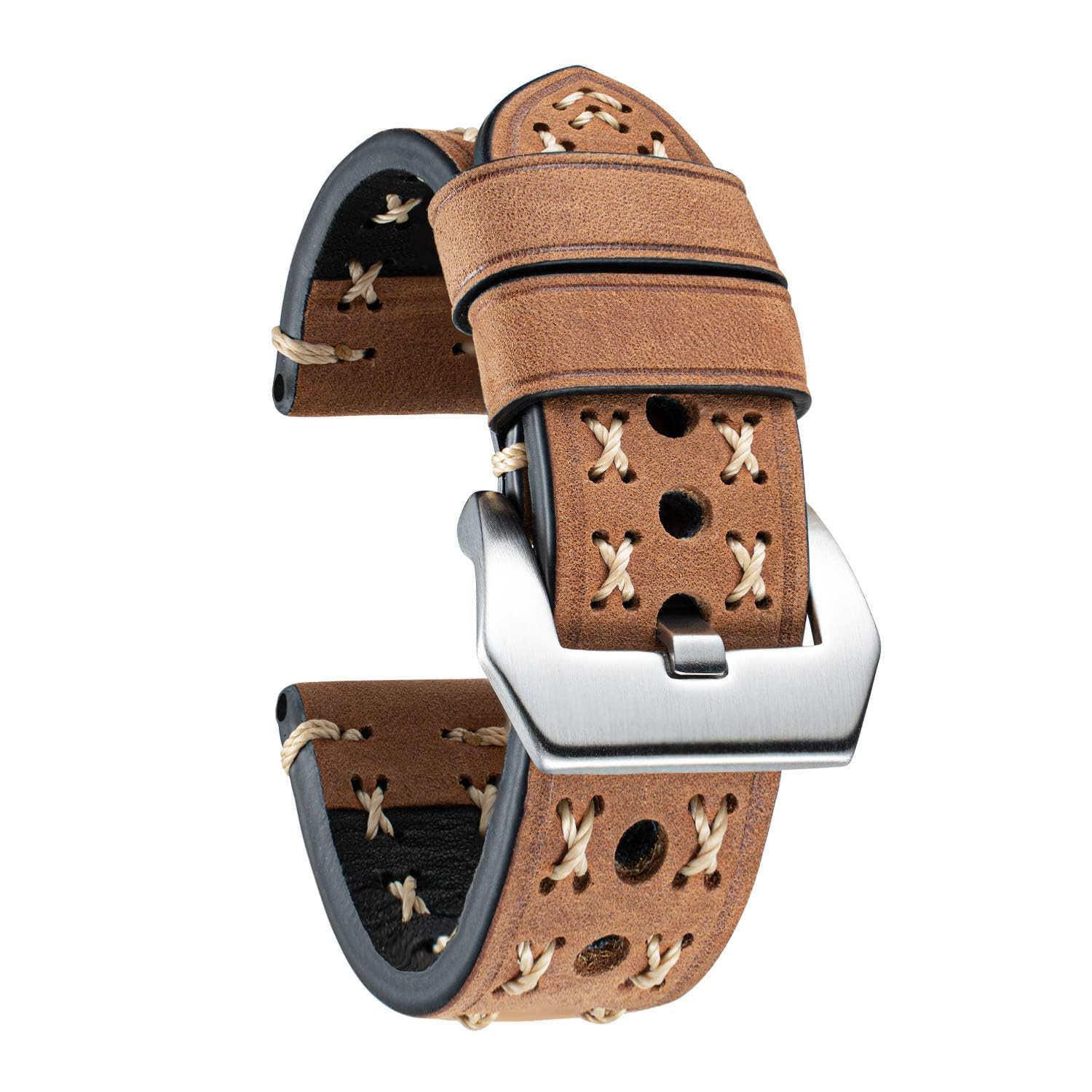 BINLUN Leather Watch Strap for Men Retro Handmade Leather Watch Band 20/22/24/26MM Replacement Thick Vintage Watch Straps, Orange/Silver Buckle,22mm