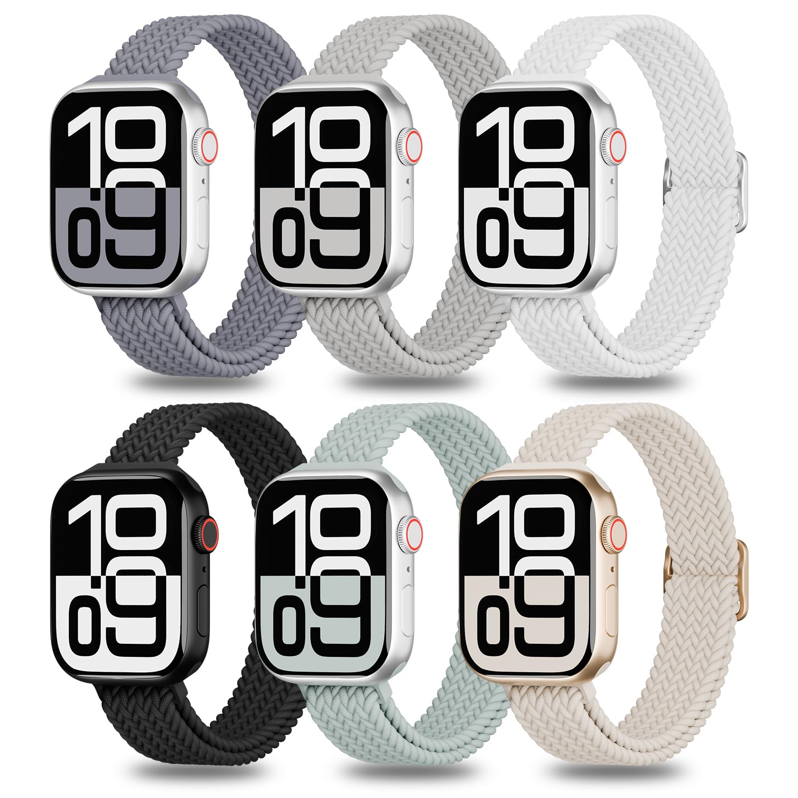 Photo 1 of 6 Pack Thin Stretchy Braided Compatible with Apple Watch Band 38mm 40mm 41mm 42mm 44mm 45mm 46mm 49mm Women Men, Solo Loop Nylon Slim Strap for iWatch Bands Series 10 9 8 7 SE 6 5 4 3 2 1 Ultra