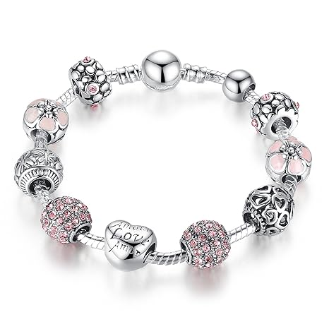925 Silber überzogene Armband Charm mit Rosa Kristall Herz Beads Muttertag Geschenk für Frauen 18 centimetre