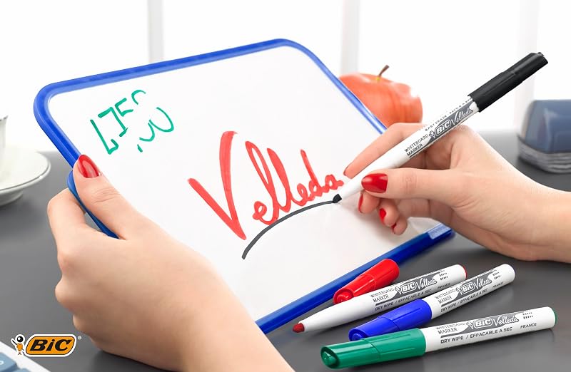Velleda, Pennarelli Blu Lavagna Bianca, Pennarelli Cancellabili con Punta Media Tonda, 4,5 mm, Confezione da 12, Fornitura Cancelleria Scuola e Ufficio