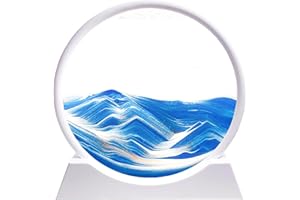 HYUGF Moving Sand Art Liquid Motion, 3D Deep Sea Sandscape Picture Decor, White Round Glass Frame Display Flowing Sand, Sand Art Gift for Kids Adults Desktop Ocean Decoration (Blue, 12")