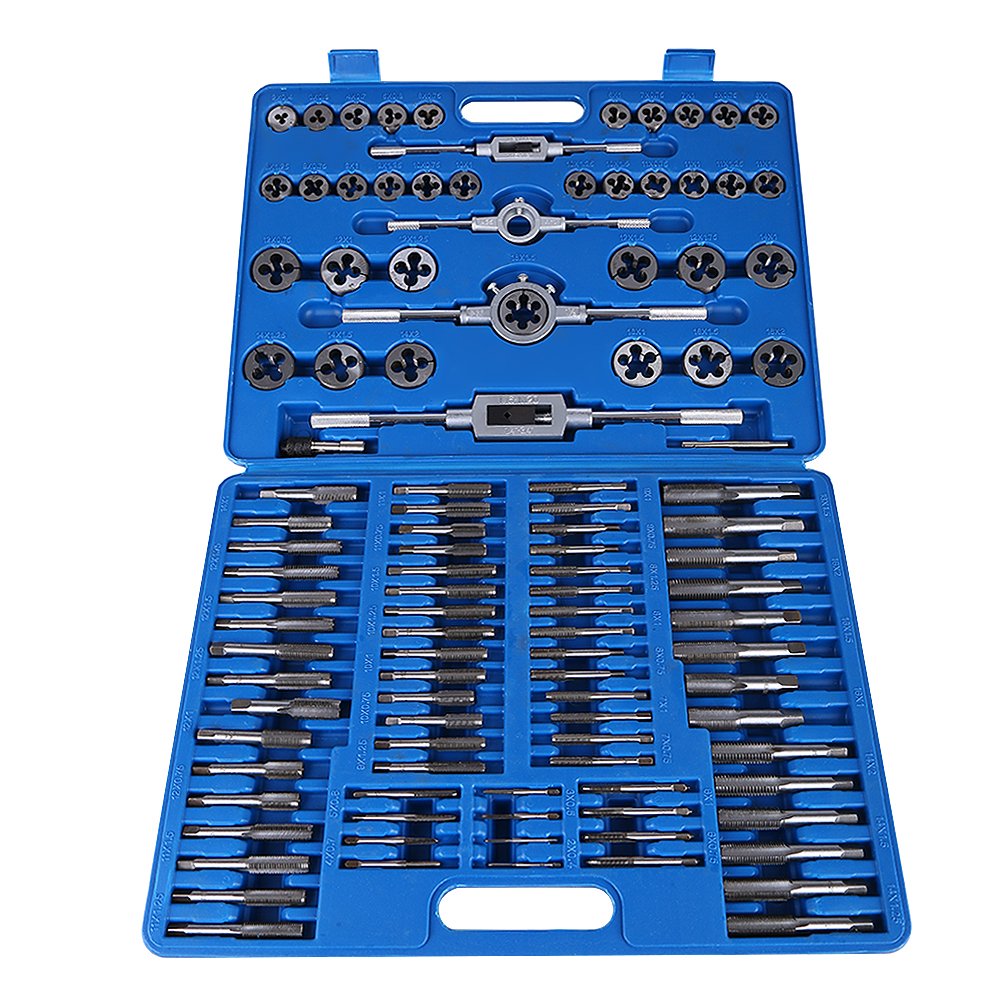 M2-M18 Tap and Die Set, 110pcs Heavy Duty Carbon Steel Threading Tap Set Metric Screw Threads Cutting Tools with Wrench Handle and Storage Case for Cutting External and Internal Thread