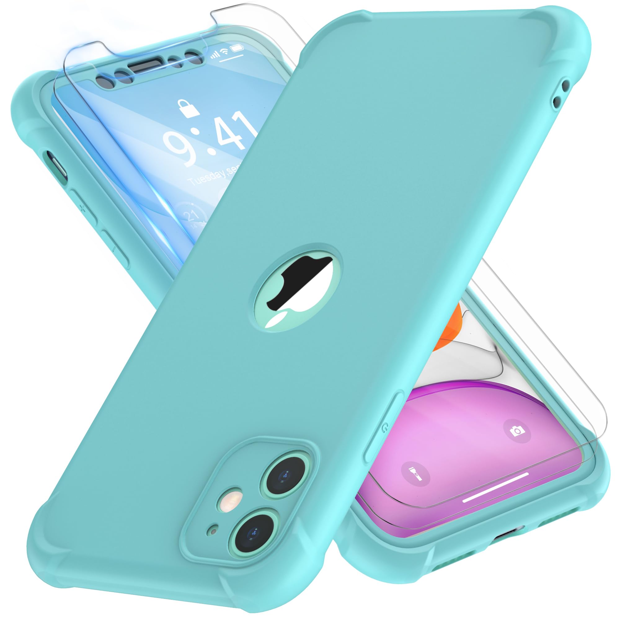 ORETECH for iPhone 11 Case, with [ 2 x Tempered Glass Screen Protector] 360 Shockproof Heavy Duty Protection Ultra Thin Hard PC Silicone TPU Rubber Bumper Cover for iPhone 11(2019) - Green