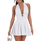 BEAGIMEG Women's Sexy Bodycon Sleeveless Halter Tie up Back Backless Deep V A-line Club Party Mini Dress