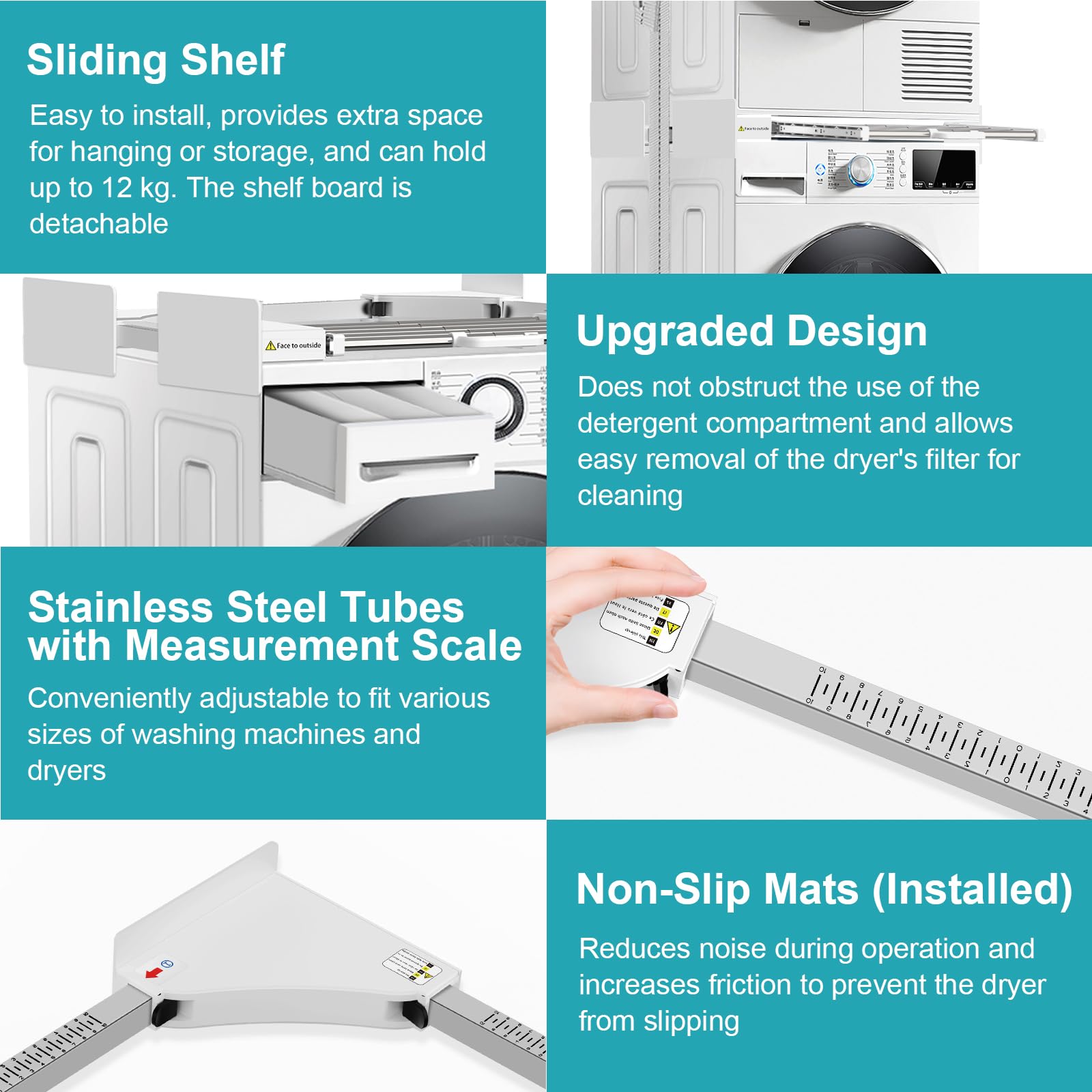 NIUXX Zwischenbaurahmen mit Wäscheleine, verbindung waschmaschine trockner, Verbindungsrahmen Zwischenbausatz mit ausziehbarer Handtuchhalter, Einstellbare Größe（53-68cm）weiß 6