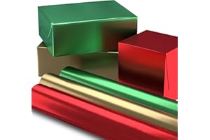 Hallmark Christmas Wrapping Paper Rolls - Solid Red, Green, Gold Metallic Foil Gift Wrap Paper (Set of 3 Rolls: 60 sq. ft. ttl.) for Holiday Parties, Hanukkah, Winter Weddings