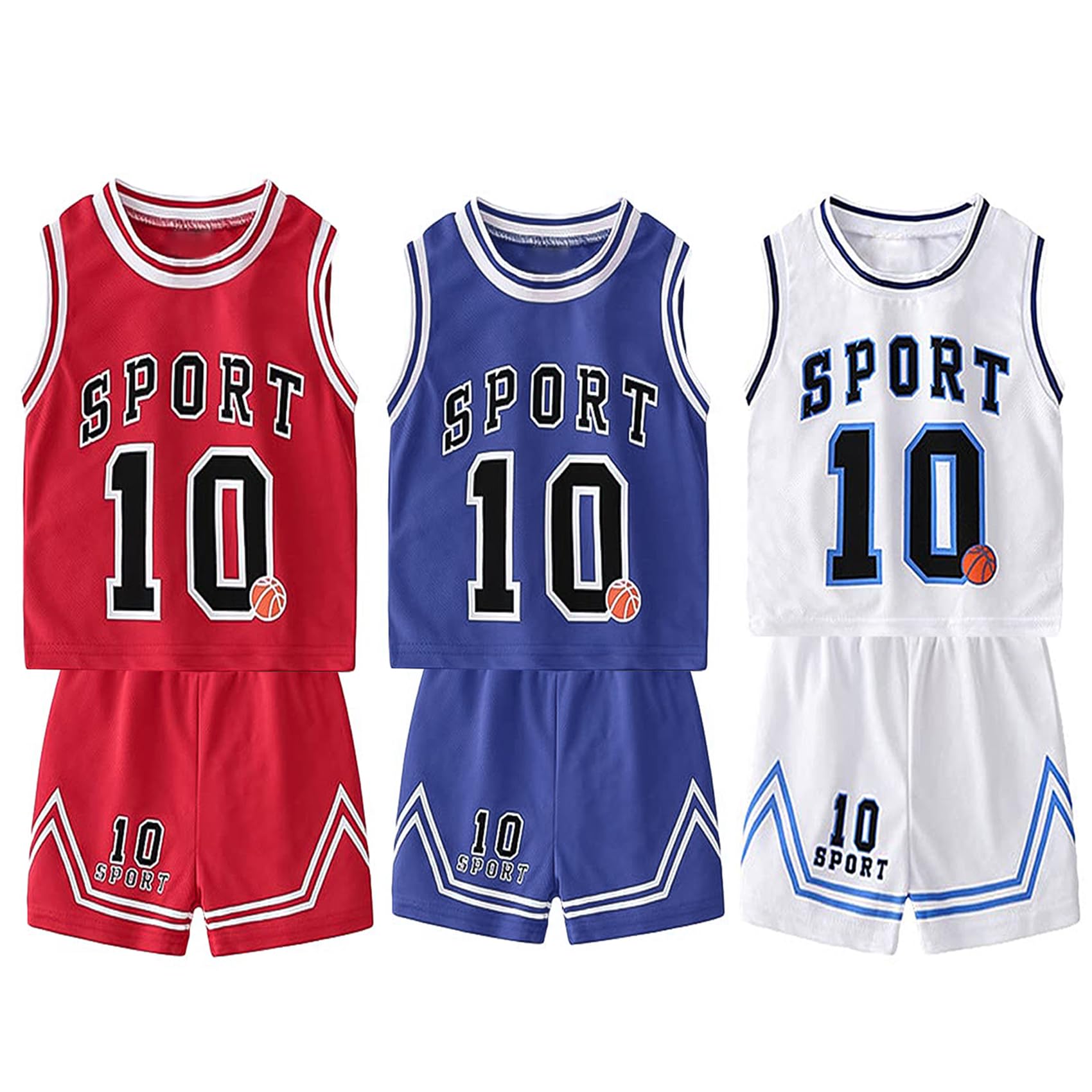 Photo 1 of Admireme Toddler Kids Sports Shorts Set Baby Boys Girls Basketball Jersey Outfit Tracksuit Tank Top Mesh Track Shorts (3Set(Blue/White/Red), 5 Years)
