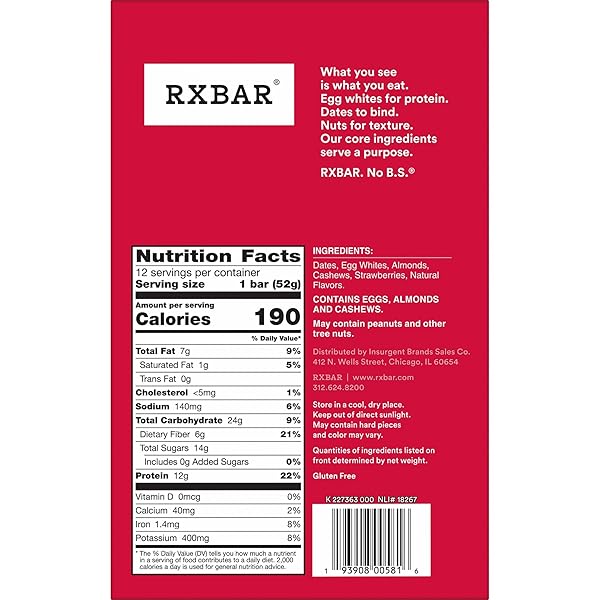 RXBAR PROTEIN BARS, 12G PROTEIN, GLUTEN FREE SNACKS, STRAWBERRY, 22OZ BOX (12 BARS)