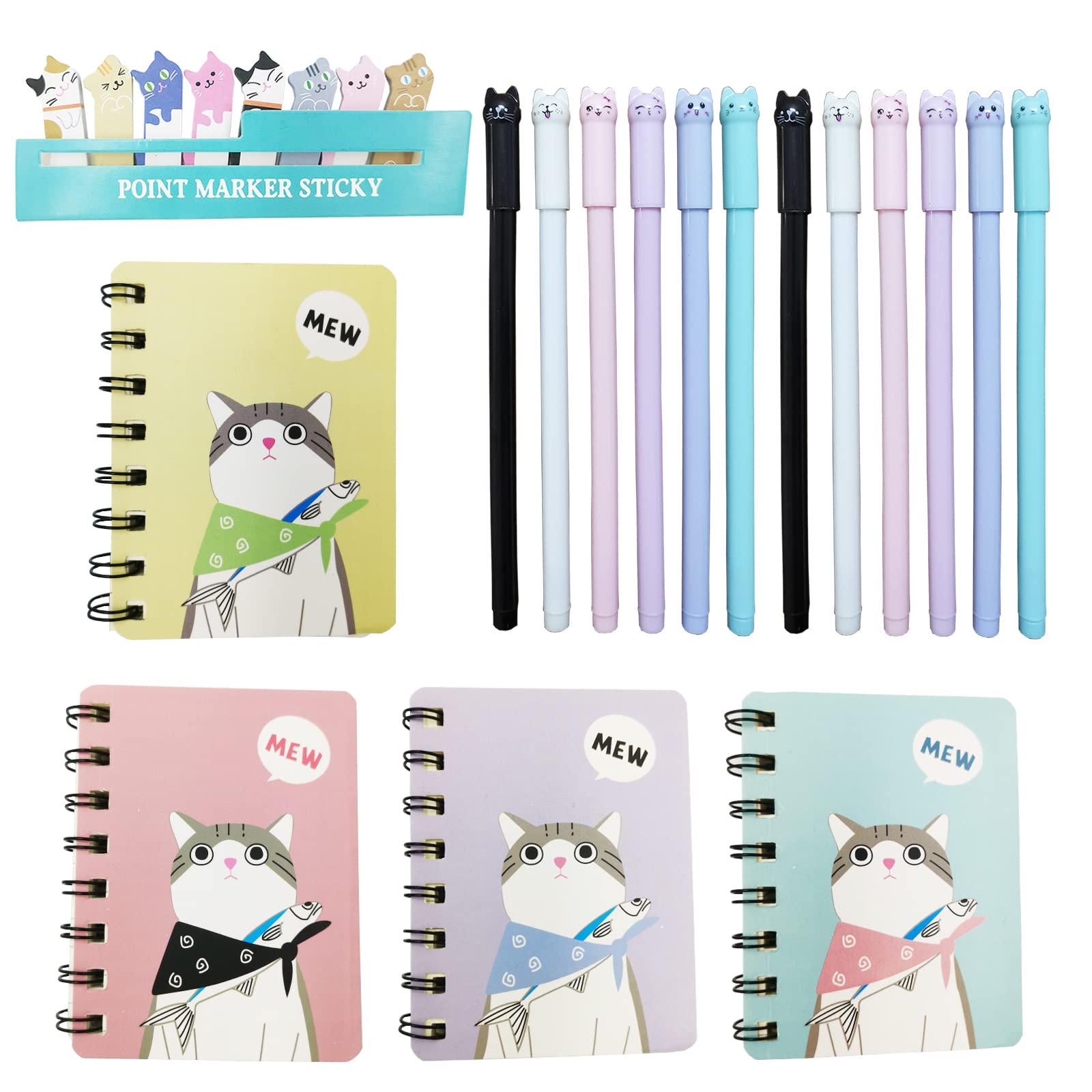 DUGYIRS 12 Pieces Cat Creative Gel Pens with 4 Pieces Small Notebooks and 1 Cat Sticky Note for Cat Lovers Home Office School Women Kids Gift
