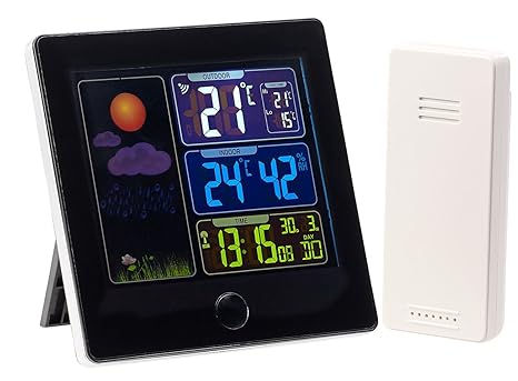 infactory Barometer: Funk-Wetterstation, Außensensor, Farbdisplay, Funkuhr, Wecker, schwarz (Wetterstationen mit Farb Displays)