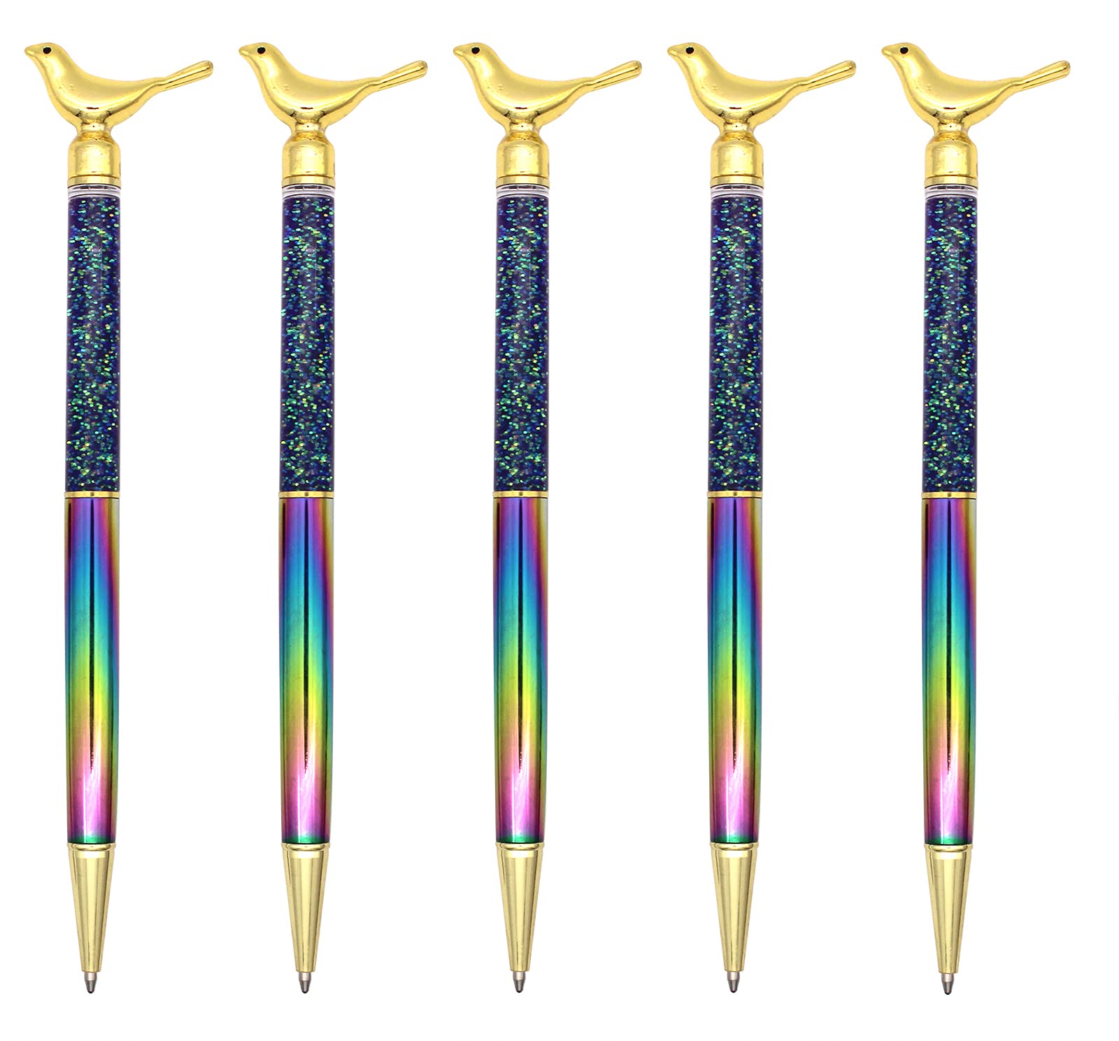 Gullor 5 Pieces Metal Bling Small Bird Retractable Ballpoint Pen for School Office Home Travel Gift Supplies, Rainbow