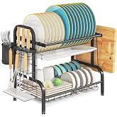 LEGUANG 2-Tier Stainless Steel Dish Drying Rack with Drainboard,Black | Small Kitchen counter Space Saver,rustproof stainless steel, 3 detachable drainboards, cutlery holder, tool-free assembly