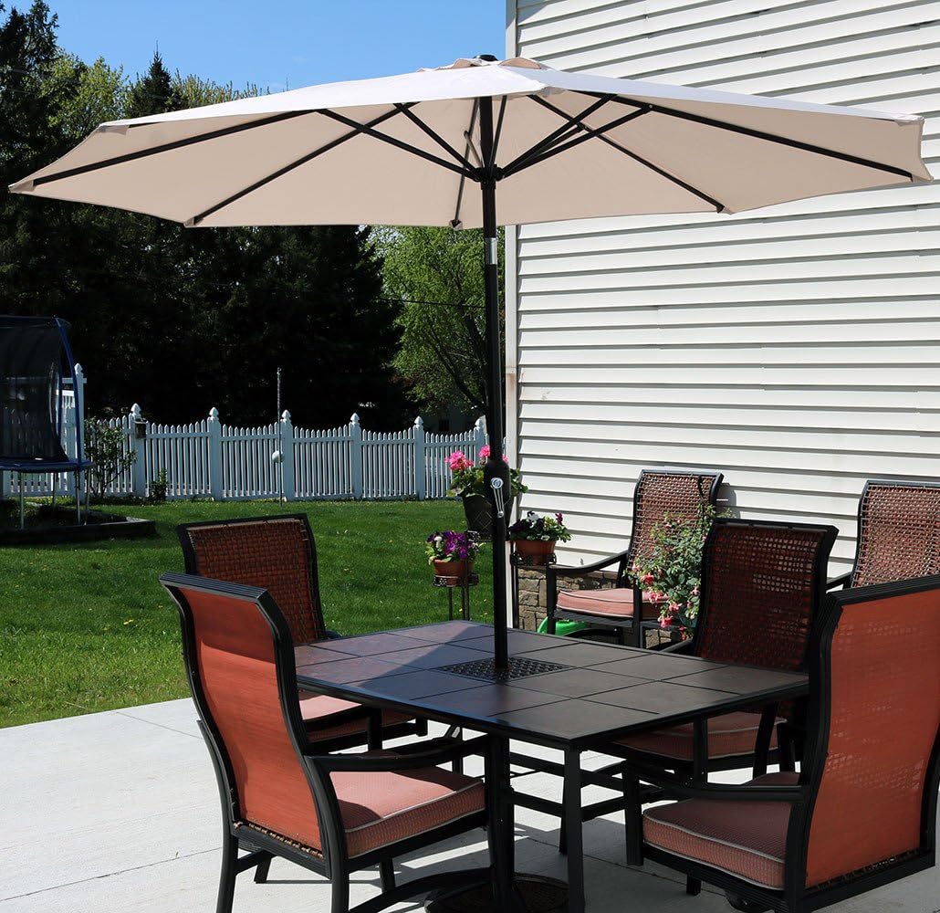 Amazon Com Sunnydaze 9 Foot Outdoor Patio Umbrella Push Button Tilt Crank Patio Table Umbrella Aluminum Pole Polyester Shade Canopy Beige Garden Outdoor