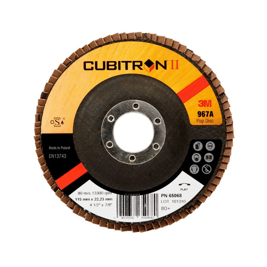 3M™ Cubitron™II Flap Disc 967A, 115 mm x 22 mm, 80+, Conical, 1 Disc / Box
